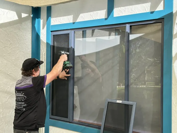 Screen fitting at a blue-trimmed window